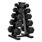 CAP Barbell 150 LB Rubber Coated Hex Dumbbell Hand Weight Set with Vertical Storage Rack | Black Handle