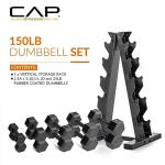 CAP Barbell 150 LB Rubber Coated Hex Dumbbell Hand Weight Set with Vertical Storage Rack | Black Handle
