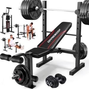 OPPSDECOR Multi-Function Weight Bench Set with Squat Rack Leg Extension & Leg Curl Adjustable Workout Bench for Full Body Fitness Foldable Flat/Incline/Decline Upgrade Bench Press for Home Gym