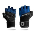 Harbinger Training Grip Wrist Wrap Gloves - Enhanced Grip & Wrist Support, Breathable Lycra Back, Padded Leather Palm, Half-Finger Design, Quick Pull Tabs, Ideal for Weightlifting, Blue, Large