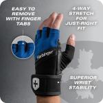 Harbinger Training Grip Wrist Wrap Gloves - Enhanced Grip & Wrist Support, Breathable Lycra Back, Padded Leather Palm, Half-Finger Design, Quick Pull Tabs, Ideal for Weightlifting, Blue, Large