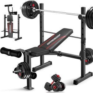 OPPSDECOR Standard Weight Bench Set with Squat Rack, Adjustable Bench Press Set with Leg Extension and Leg Curl, Flat Incline Decline Workout Bench for Home Gym Full Body Strength Training