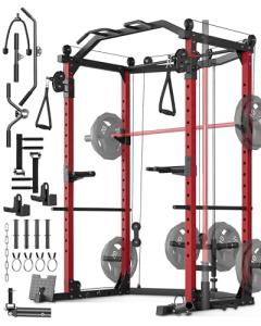 GarveeLife Power Cage, Multi-Functional Power Racks for Home Gym with Cable Crossover System, 1600 LBS Weight Capacity Fitness Squat Rack for Strength Workout with More Training Attachment, Red