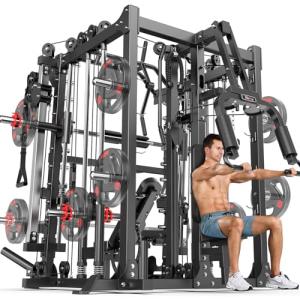 Smith Machine with Cable Crossover System, Multi-Function Squat Rack Power Cage for Home Gym, Power Rack and Packages Weight Sets (Black, L07-Smith Machine+Weight Bench)