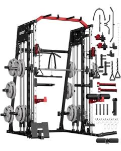GarveeLife Smith Machine Home Gym All in One, 2200LBS Squat Rack Power Cage with Smith Bar, LAT Pull-Down, Cable Systems, Leg Hold-Down and More Attachments, Workout Equipment (Red Black)