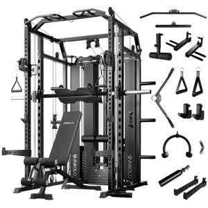 Mikolo Smith Machine with Weight Stack, Power Cage Home Gym System with LAT Pulldown & Cable Crossover, Multi-Functional Trainer with Dual Pulley System, Weight Bench, Cable attachments