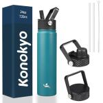 Konokyo Insulated Water Bottle 24oz Stainless Steel Sport Bottles with 3 Lids,Light Blue