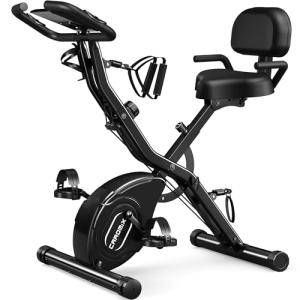 Caromix Folding Exercise Bike, Magnetic Fitness Stationary Bike with 16-Level Adjustable Resistance and Soft Chshion, Upright Indoor Cycling Bike for Home Workout