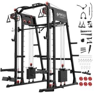 Mikolo Smith Machine with Weight Stack, 2200lbs Squat Rack with LAT-Pull Down System & Cable Crossover Machine, Multi-Function Power Cage, Black