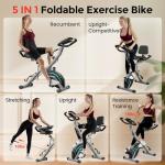 Pleny Folding Exercise Bike, 5 IN 1 Stationary Bike 5.5 LBS Flywheel Exercise Bike, Indoor Workout Bike 330LB Weight Capacity Back Support Cushion for Home Gym Workout, Gray-blue