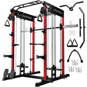 JELENS M21 Smith Machine, Multi-Function Power Cage with Dual Pulley Cable Crossover System, 2000LBS All-in-One Squat Rack with Smith Bar and Attachments (Red, M21 Smith Machine)