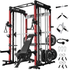 RitFit M1 Pro SmithMachine with Cable Crossover System, Multi-Function Squat Rack Power Cage for Home Gym, Power Rack and Packages Red（bp260 Package）
