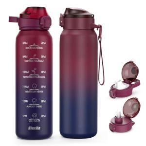 SLUXKE Insulated Water Bottle 32oz with 2Lids(Straw Lid & Spout Lid), 1L Double Walled Water Bottle with Time Marker, 1000ml Stainless Steel Metal Flask for Fitness, Gym and Outdoor RED BLACK