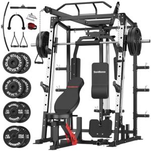SunHome Smith Machine with Bench and 230LBS BP, 2000LBS Power Cage Squat Rack with Smith Bar, Two LAT Pull-Down Systems, Cable Crossover Machine and and More Cable Attachment for Home Gym