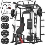 SunHome Smith Machine with Bench and 230LBS BP, 2000LBS Power Cage Squat Rack with Smith Bar, Two LAT Pull-Down Systems, Cable Crossover Machine and and More Cable Attachment for Home Gym
