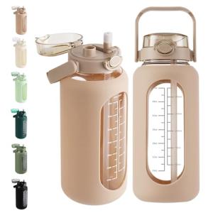 SIEROZUR 64oz Glass Water Bottle with Straw and Handle Lid Half Gallon Motivational Glass Bottle with Silicone Sleeve and Time Marker Large Reusable Sports Water Jug for Gym Home Workout