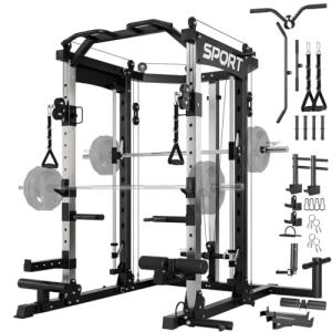 GarveeLife Smith Machine Home Gym, 2200 LBS Squat Rack Power Cage, All in One Home Gym Workout Station with Smith Bar, LAT Pull-Down, Cable Crossover System and More Attachments