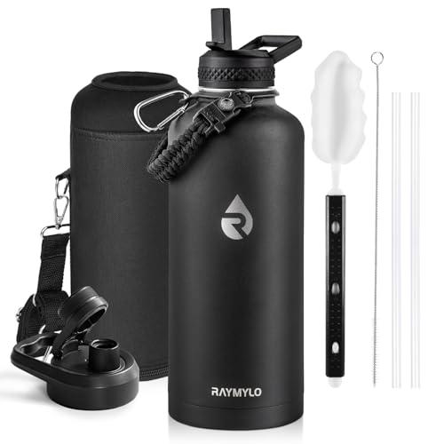 RAYMYLO Insulated Water Bottle 87 oz, Triple Wall Vacuum Stainless Steel (Cold for 48 Hrs), Leak Proof & Non-BPA, Modern Water Flask Jug with Paracord Handle & Straw Spout Lids, Magic Black