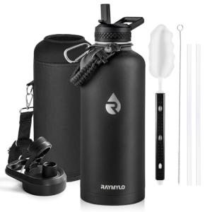 RAYMYLO Insulated Water Bottle 87 oz, Triple Wall Vacuum Stainless Steel (Cold for 48 Hrs), Leak Proof & Non-BPA, Modern Water Flask Jug with Paracord Handle & Straw Spout Lids, Magic Black
