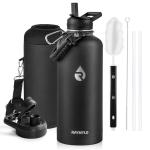 RAYMYLO Insulated Water Bottle 87 oz, Triple Wall Vacuum Stainless Steel (Cold for 48 Hrs), Leak Proof & Non-BPA, Modern Water Flask Jug with Paracord Handle & Straw Spout Lids, Magic Black