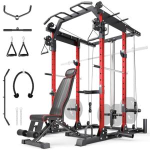 YOLEO Smooth Dual Pulley System Power Cage, 1600LBS Adjustable Cable Crossover Power Rack, Multi-Functional Squat Rack for Home Gym with More Training Attachment (Power Cage + 660LBS Weight Bench)