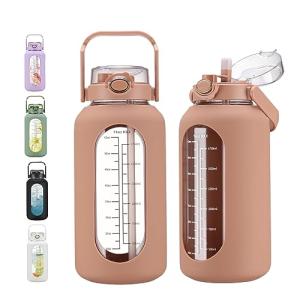 chunmo 74 oz Glass Water Bolttles with Straw Large Motivational Water Bottle with Time Marker Sports Water Bottles with Silicone Sleeve and Handle Lid 2.2L Water Jug for Gym Workout