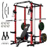 RitFit Squat Rack Power Cage Home Gym Package, Includes 1000LBS Power Rack with Cable Crossover System, Weight Bench, Weight Plate Set with Olympic Barbell (Package 1.6K (Bumper Plate 230LBS))-Orange
