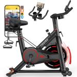 CHAOKE Exercise Bike, Quiet Adjustable Magnetic Stationary Bike for Home Cardio with App Compatible, 350LB Weight Capacity Indoor Cycling Bike with Large Seat, Dumbbell Rack, Pull Cords & LCD Display