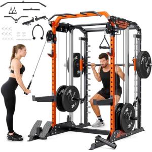 YOLEO NEW Smith Machine with Independent Dual-Pulley System, 1800LB Adjustable Cable Crossover Squat Rack, Multi-Functional Power Cage for Home Gym with More Workout Equipment LAT Pulldown Bar&Dip Bar