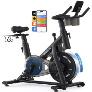 Merach Exercise Bike, Brake Pad/Magnetic Stationary Bike with Exclusive App, Low Noise Indoor Cycling Bike with 270LBS Weight Capacity, Dumbbell Rack and Fitness Courses for Weight Loss