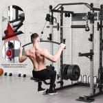 AOTORJAY Smith Machine Home Gym Strength Training Squat Rack Height Adjustable Power Cage with LAT Pull-Down Systems (Smith Machine)