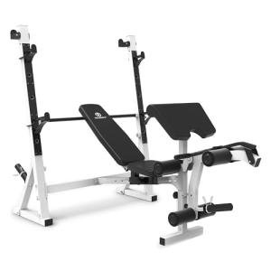 Marcy Olympic Workout Bench for Home Gym Strength Training Equipment with Preacher Curl Pad and Weight Rack Storage, White/Black