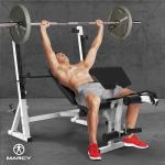 Marcy Olympic Workout Bench for Home Gym Strength Training Equipment with Preacher Curl Pad and Weight Rack Storage, White/Black