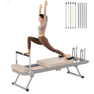soges Foldable Pilates Reformer Machine for Home Gym, Pilates Workout Equipment for Beginner, Cardio Fitness High Strength Rebounder, Up to 300 lbs Weight Capacity,Beige&Silver