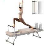 soges Foldable Pilates Reformer Machine for Home Gym, Pilates Workout Equipment for Beginner, Cardio Fitness High Strength Rebounder, Up to 300 lbs Weight Capacity,Beige&Silver