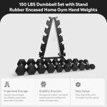 BalanceFrom Rubber Coated Hex Dumbbell Set with A-Frame Rack, Black – Solid Cast Iron Home Gym Weights with Chrome Handles for Full-Body Strength Training and Muscle Toning