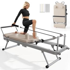 SogesPower Pilates Reformer Machine for Home Gym Workout, Foldable Pilates Equipment with High Strength Elastic Cords&Springs, Up to 400lbs Weight Capacity,Beige 79"