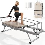 SogesPower Pilates Reformer Machine for Home Gym Workout, Foldable Pilates Equipment with High Strength Elastic Cords&Springs, Up to 400lbs Weight Capacity,Beige 79"