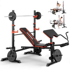 MAIDOMA Foldable 1500LBS 6 IN 1 Olympic Weight Bench Set with Squat Rack, Leg Extension/Curl & Preacher Curl, Adjustable Bench Press Set with Safety Bar Catches for Home Gym Full Body Workout