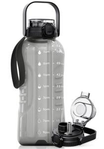 AQUAFIT 64 oz Water Bottle with Time Marker - 2in1 Straw & Chug Lid - BPA Free Big Water Bottle with Straw - Gym Water Bottle with Strap - Water Jug (64 Ounces, Gray)
