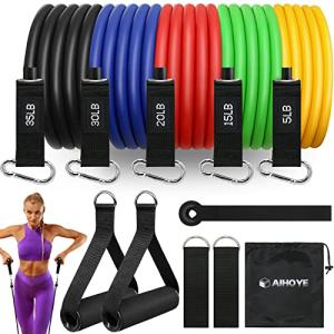 Aihoye Resistance Band Set: 105LB (5-35LB) Workout Bands with Handles & Accessories - Eco Friendly Latex - For Exercise, Yoga, Pilates & More
