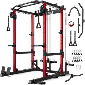 JELENS C12 Squat Rack for Home Gym, 2000LBS Power Rack with Adjustable Pulley System, Power Cage Workout Equipment with LAT Pulldown and Training Attachment (Red, C12 Squat Rack)