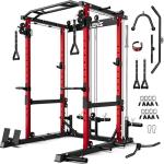 JELENS C12 Squat Rack for Home Gym, 2000LBS Power Rack with Adjustable Pulley System, Power Cage Workout Equipment with LAT Pulldown and Training Attachment (Red, C12 Squat Rack)