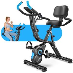 Birdfeel Foldable Exercise Bike, Multifunctional Indoor Stationary Bikes for Home with 8-Level Magnetic Resistance, Quiet Workout Bike with Arm Resistance Bands, LCD Monitor, 300LBS Capacity, Black Blue