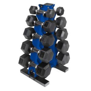 CAP Barbell 150lb Comfort Grip Rubber Hex Dumbbell Set with Vertical Blue Rack