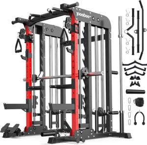 Pooboo Multi-Functional Machine Power Cage, 2000LB Squat Rack, LAT-Pull Down System, Dual Pulley Cable Crossover System, Home Gym Workout Machine with Strength Training Attachments (P43-Pro)