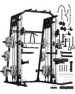 GarveeLife Smith Machine Home Gym All in One, 2200 LBS Squat Rack Power Cage with Smith Bar, LAT Pull-Down, Cable Systems, Leg Hold-Down and More Attachments, Workout Equipment (Black)