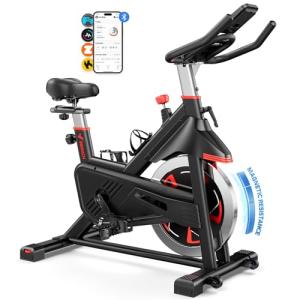 Merach Exercise Bike, Magnetic Stationary Bike with Exclusive App, 300lbs Indoor Workout Bike with Comfortable Bike Seat Cushion and Tablet Mount for Home Weight Loss