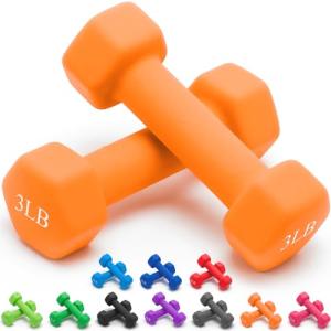 Portzon Weights Orange Dumbbells with Set of 2 Neoprene Dumbbells Set, 3 LB, Anti-Slip, Anti-roll, Hex Shape