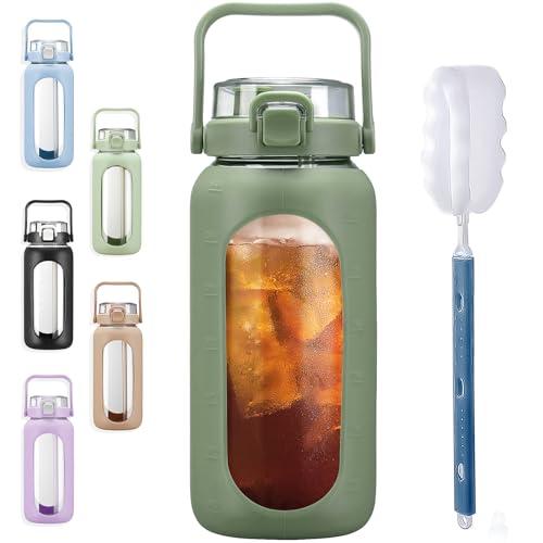 BLUEGO 64oz Glass Water Bottles with Straw Time Marker Half Gallon Large Motivational Water Bottle with Silicone Sleeve 2 Liter Large Glass Water Jug for Gym, Sports& Workout, Daily, 02 Olive